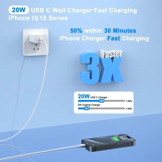 Alt view image 2 of 7 - iPhone 17 16 Pro Charger Fast Charging, 20W USB C Fast Charger Block with 10FT Long USB C to C Charging Cable for iPhone 17/17 Pro/17 Pro Max/Air/16/16 Plus/16 Pro/16 Pro Max/15/15 Pro Max, White