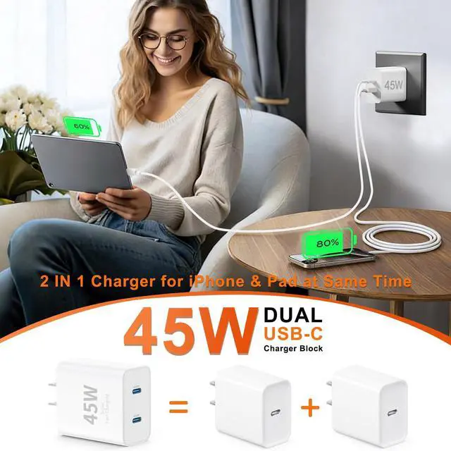 Alt view image 4 of 7 - 45W USB-C for iPhone 17 16 15 Pro Max Charger Fast Charging and Long Type C to C Cable Cord 10FT/6FT,PD 3.0 GaN Dual USB C Port Super Fast for iPhone 17 Pro/17 Air/16 Plus/15 Series/Pad/Galaxy S24/S25