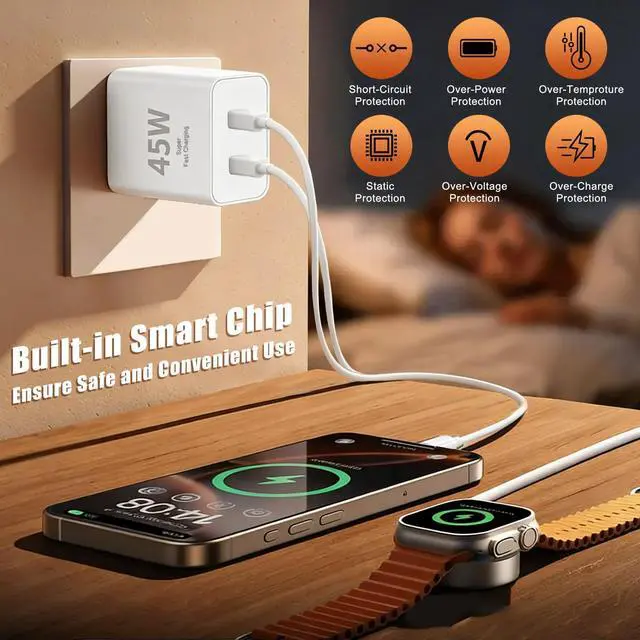 Alt view image 3 of 7 - 45W USB-C for iPhone 17 16 15 Pro Max Charger Fast Charging and Long Type C to C Cable Cord 10FT/6FT,PD 3.0 GaN Dual USB C Port Super Fast for iPhone 17 Pro/17 Air/16 Plus/15 Series/Pad/Galaxy S24/S25