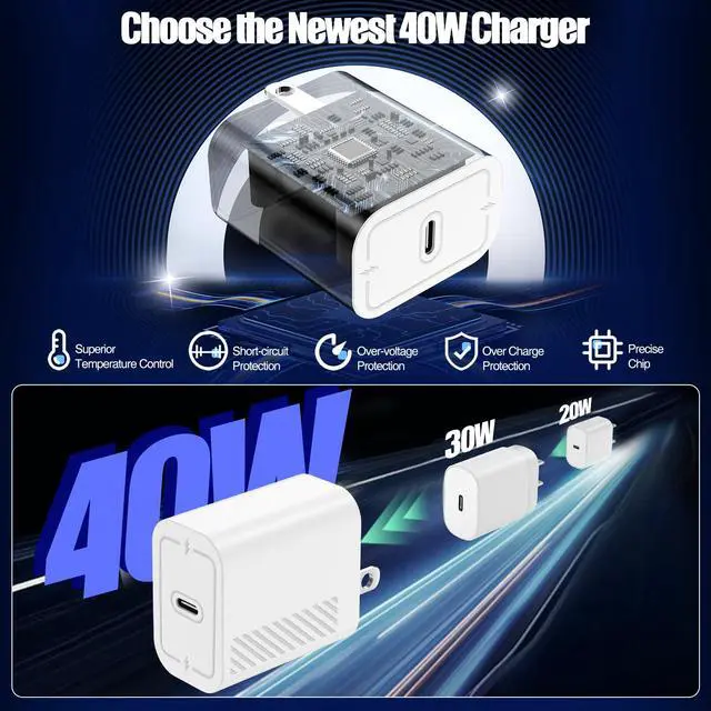 Alt view image 4 of 7 - 40W USB C Fast Charger for iPhone 17/ Air/16/15 Pro Max,2Pack 10FT Type C Charger Block & Cable, PD 3.0 Super Fast Charging for iPad Pro MacBook Air/Pro M1/M2, AirPods