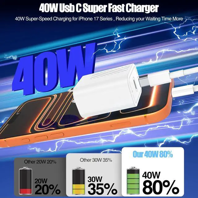 Alt view image 2 of 7 - 40W USB C Fast Charger for iPhone 17/ Air/16/15 Pro Max,2Pack 10FT Type C Charger Block & Cable, PD 3.0 Super Fast Charging for iPad Pro MacBook Air/Pro M1/M2, AirPods