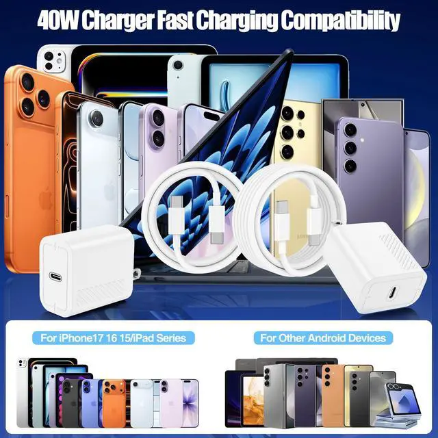 Alt view image 7 of 7 - 40W USB C Fast Charger for iPhone 17/ Air/16/15 Pro Max,2Pack 10FT Type C Charger Block & Cable, PD 3.0 Super Fast Charging for iPad Pro MacBook Air/Pro M1/M2, AirPods