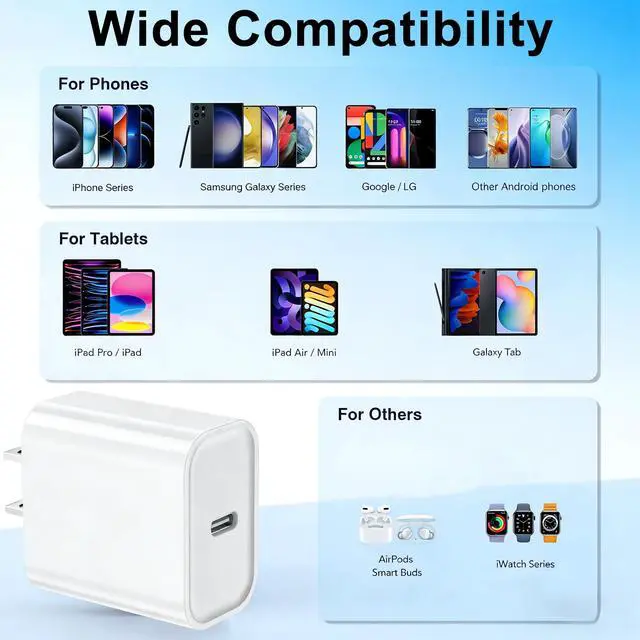 Alt view image 6 of 7 - 20W USB C Charger Block for Apple iPhone 17 16 15,USB C Charger Fast Charging Type-C Power Adapter Wall Plug for iPhone 17/16/15/14/13/12/11 Pro Max Series/Apple iWatch/AirPods