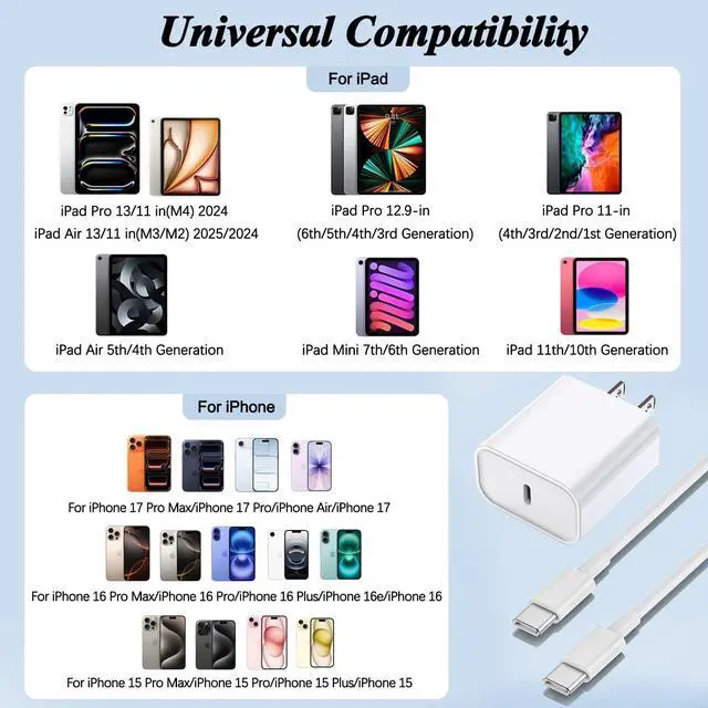 Alt view image 3 of 7 - iPad Fast Charger,2Pack USB C Charging Block Wall Plug Adapter & 10FT USB C to C Cable Cord for iPad Pro 13(M4)/iPad Pro 12.9/11 in 2018-2025,iPad Air M3/M2/5th/4th,iPad 11th A16/10th/Mini 7/Mini 6th