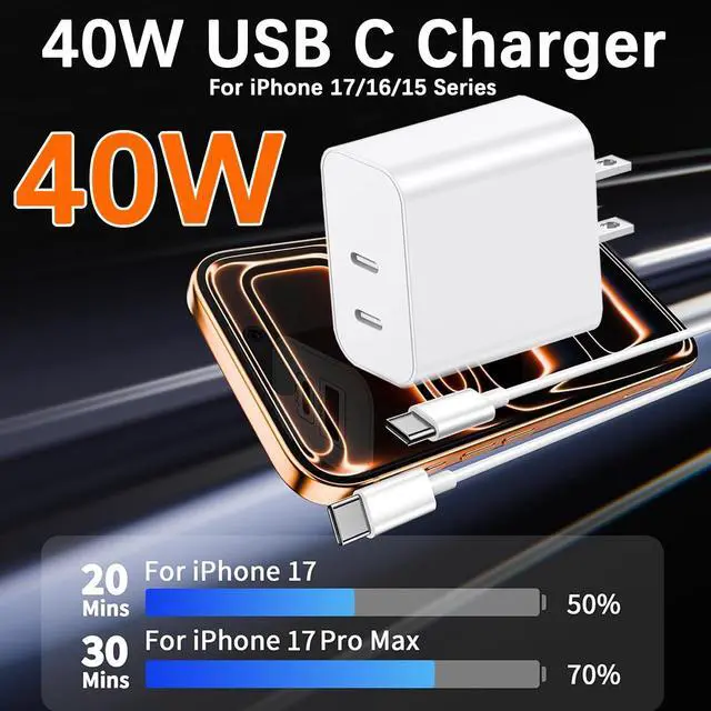 Alt view image 2 of 7 - 40W iPhone 17 Charger Fast Charging,2Pack Dual Port USB C Wall Charging Block with 6FT USB C to USB C Cable Cord for iPhone 17 Pro Max/17 Pro/17/Air/17e/16 Pro Max/16 Plus/16e/15/iPad Pro/Air/Mini
