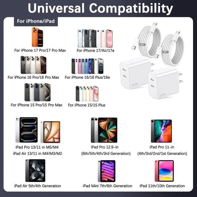 Alt view image 4 of 7 - 40W iPhone 17 Charger Fast Charging,2Pack Dual Port USB C Wall Charging Block with 6FT USB C to USB C Cable Cord for iPhone 17 Pro Max/17 Pro/17/Air/17e/16 Pro Max/16 Plus/16e/15/iPad Pro/Air/Mini