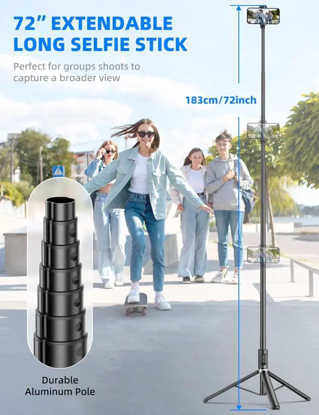 Alt view image 2 of 7 - 72" Cell Phone Selfie Stick Tripod, Aluminum Selfie Stick All-in-1 with Integrated Remote, Extendable Travel Smartphone Tripod Stand Compatible with iPhone 17/16/15/14/13/Android