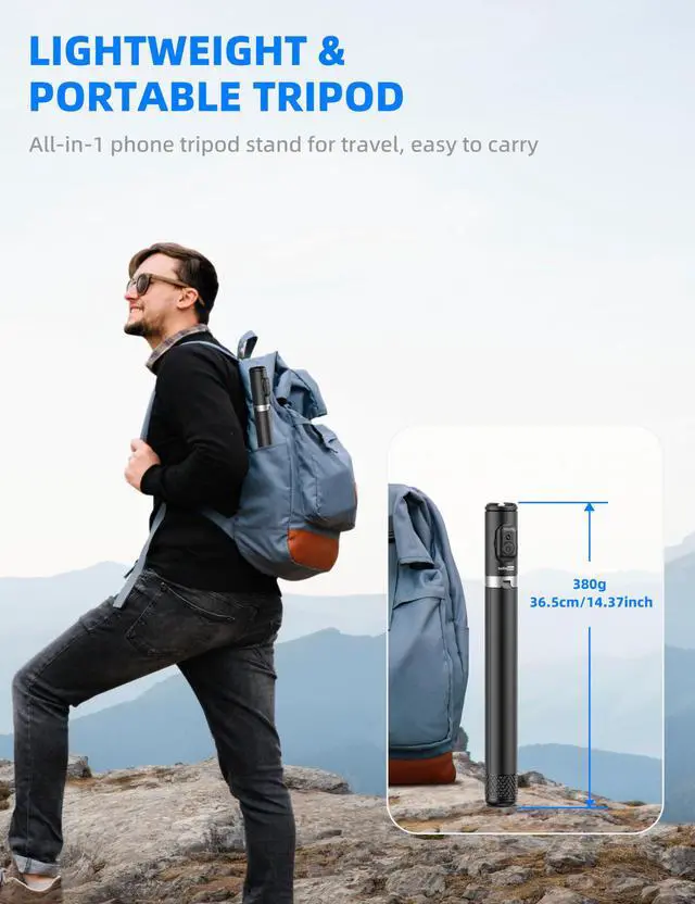Alt view image 7 of 7 - 72" Cell Phone Selfie Stick Tripod, Aluminum Selfie Stick All-in-1 with Integrated Remote, Extendable Travel Smartphone Tripod Stand Compatible with iPhone 17/16/15/14/13/Android