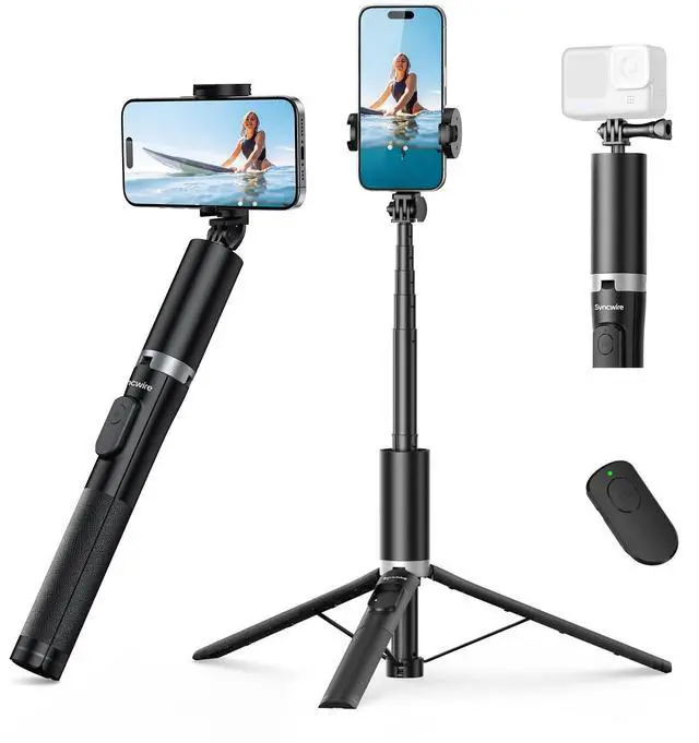 Main image of 63" Phone Tripod for iPhone, Extendable Selfie Stick Tripod with Bluetooth Remote, All-in-One Aluminum Stand with Cold Shoe Mount Compatible with GoPro, iPhone and Android Smartphones, Black