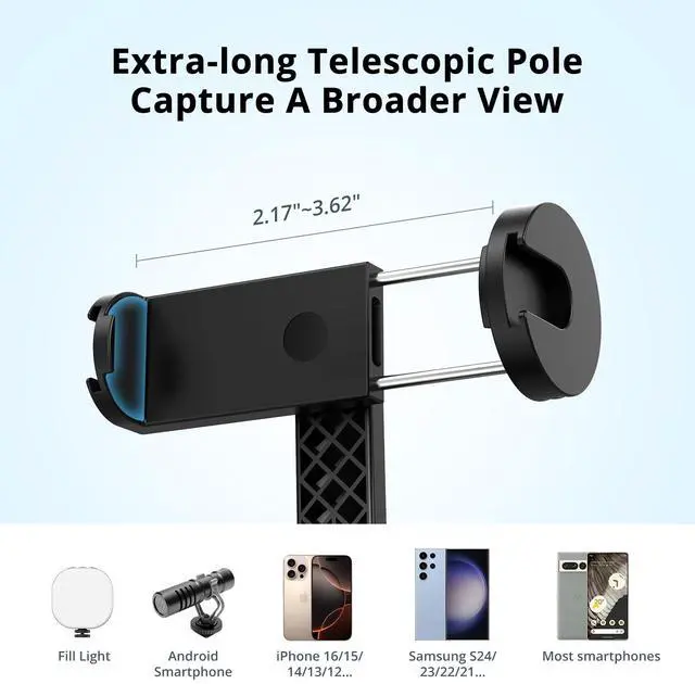Alt view image 5 of 7 - 63" Phone Tripod for iPhone, Extendable Selfie Stick Tripod with Bluetooth Remote, All-in-One Aluminum Stand with Cold Shoe Mount Compatible with GoPro, iPhone and Android Smartphones, Black
