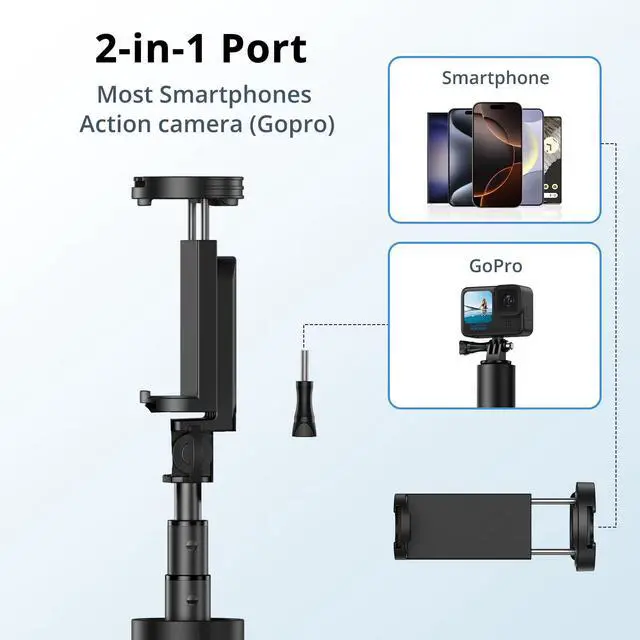 Alt view image 2 of 7 - 63" Phone Tripod for iPhone, Extendable Selfie Stick Tripod with Bluetooth Remote, All-in-One Aluminum Stand with Cold Shoe Mount Compatible with GoPro, iPhone and Android Smartphones, Black