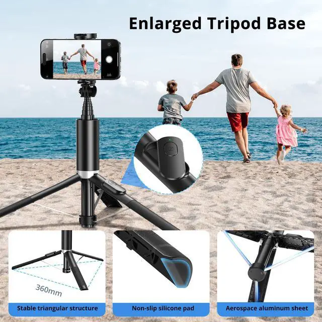 Alt view image 6 of 7 - 63" Phone Tripod for iPhone, Extendable Selfie Stick Tripod with Bluetooth Remote, All-in-One Aluminum Stand with Cold Shoe Mount Compatible with GoPro, iPhone and Android Smartphones, Black