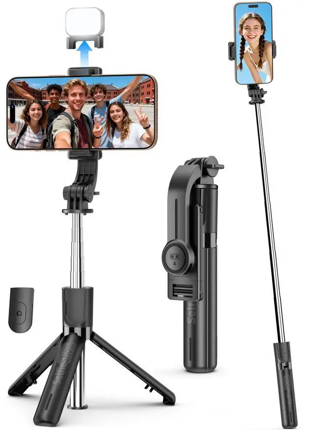 Main image of Mini Selfie Stick Travel Tripod for Cell Phone with Light, Extendable Selfie Stick for iPhone with Detachable Remote, iPhone Tripod for Video Recording, Photograph, Compatible with Cellphones