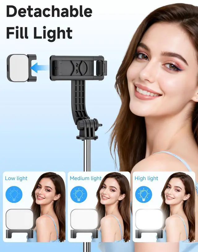 Alt view image 2 of 7 - Mini Selfie Stick Travel Tripod for Cell Phone with Light, Extendable Selfie Stick for iPhone with Detachable Remote, iPhone Tripod for Video Recording, Photograph, Compatible with Cellphones