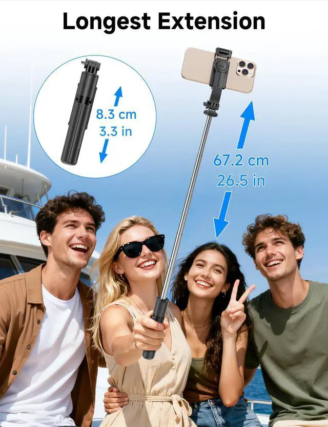 Alt view image 3 of 7 - Mini Selfie Stick Travel Tripod for Cell Phone with Light, Extendable Selfie Stick for iPhone with Detachable Remote, iPhone Tripod for Video Recording, Photograph, Compatible with Cellphones