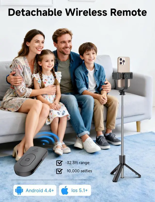 Alt view image 4 of 7 - Mini Selfie Stick Travel Tripod for Cell Phone with Light, Extendable Selfie Stick for iPhone with Detachable Remote, iPhone Tripod for Video Recording, Photograph, Compatible with Cellphones