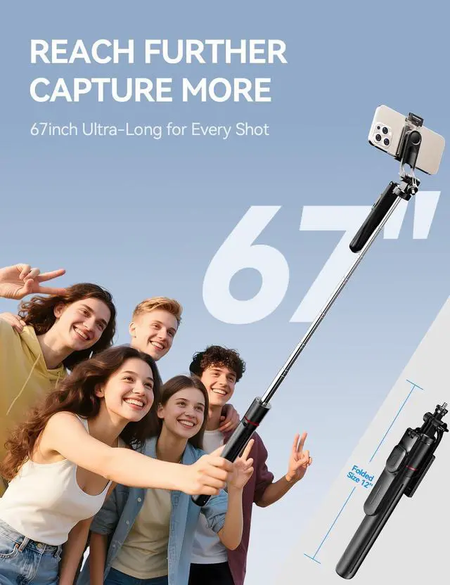 Alt view image 2 of 7 - 67" Cell Phone Tripod Stand & Selfie Stick with Wireless Remote, All in One Multifunctional Selfie Stick Tripod for iPhone Android Action Camera GoPro Insta360 DJI OSMO Pocket 3 Accessories
