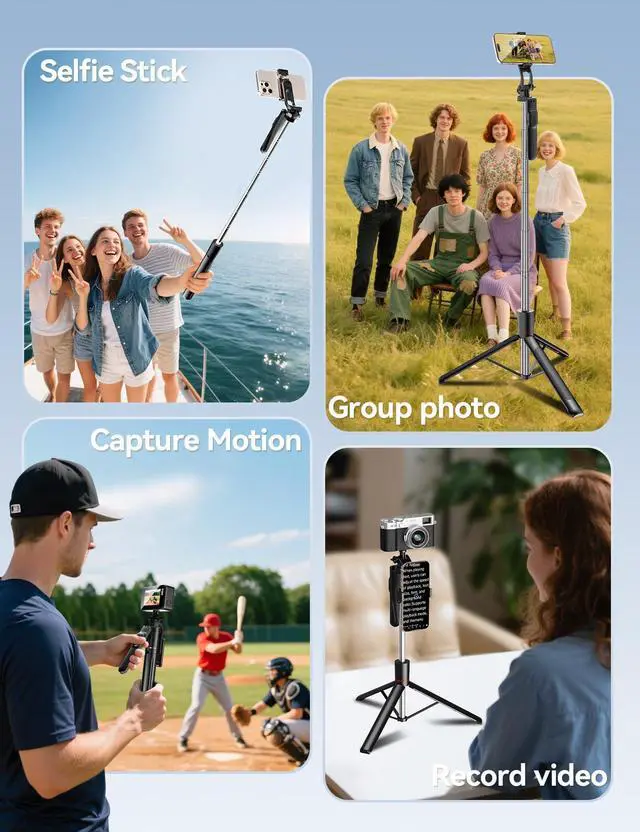 Alt view image 3 of 7 - 67" Cell Phone Tripod Stand & Selfie Stick with Wireless Remote, All in One Multifunctional Selfie Stick Tripod for iPhone Android Action Camera GoPro Insta360 DJI OSMO Pocket 3 Accessories