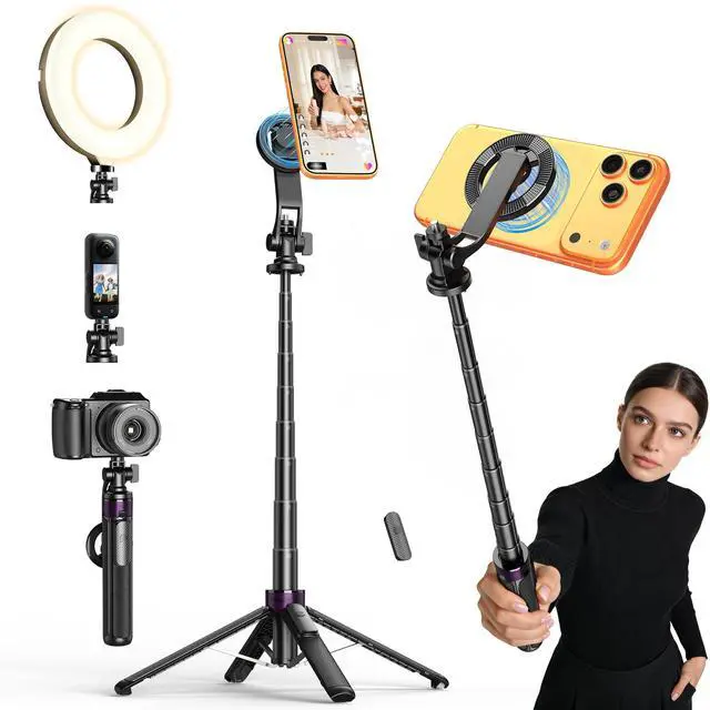 Main image of Magnetic Tripod for iPhone with 1/4" Screw, 53" Foldable MagSafe Selfie Stick Tripod with Remote & Metal Ring, 4-Leg Stable Phone & Camera Tripod for Video Recording, Gym,Vlogging,TikTok,Travel, Black