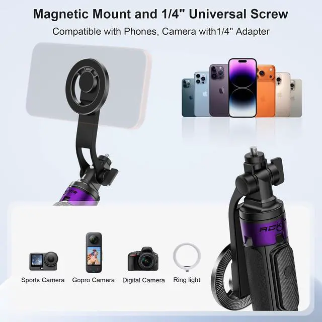 Alt view image 4 of 7 - Magnetic Tripod for iPhone with 1/4" Screw, 53" Foldable MagSafe Selfie Stick Tripod with Remote & Metal Ring, 4-Leg Stable Phone & Camera Tripod for Video Recording, Gym,Vlogging,TikTok,Travel, Black