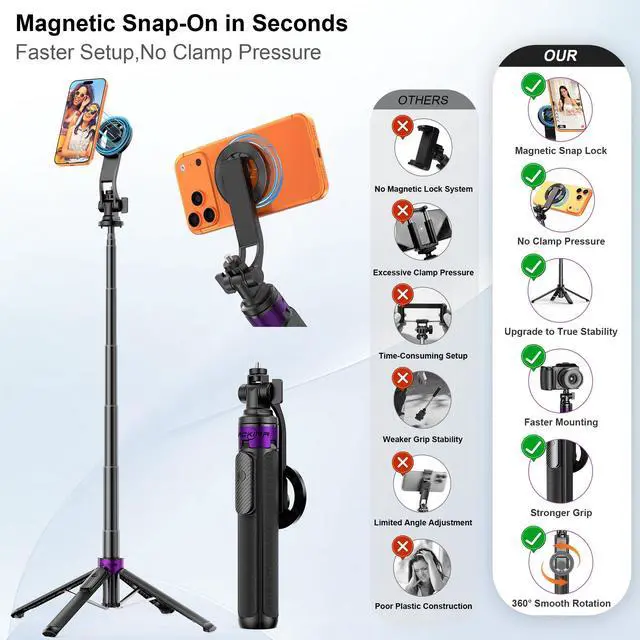 Alt view image 2 of 7 - Magnetic Tripod for iPhone with 1/4" Screw, 53" Foldable MagSafe Selfie Stick Tripod with Remote & Metal Ring, 4-Leg Stable Phone & Camera Tripod for Video Recording, Gym,Vlogging,TikTok,Travel, Black