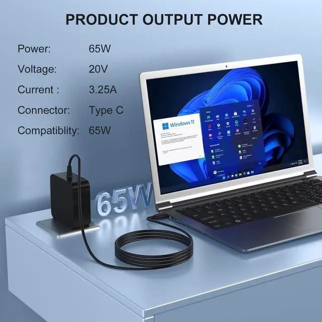 Alt view image 3 of 7 - 65W USB-C Laptop Charger Compatible with Asus ZenBook 13 S13 14 Chromebook C302C C213 C214 C436 C523 ExpertBook B9450FA Q408UG UX390UA UX325 ADL-65A1 Foldable Plug Type-C Fast Charging AC Adapter