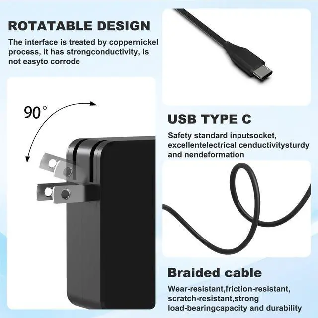 Alt view image 4 of 7 - 65W 45W USB C Laptop Charger Compatible with ASUS ZenBook 14 13 S13 C213 C214 C523 C436 C302C T302 UX371 UX490 UX390UA ADP-45EW B, ROG Ally Xbox R1 Z1 X Foldable Plug Type C Power Adapter
