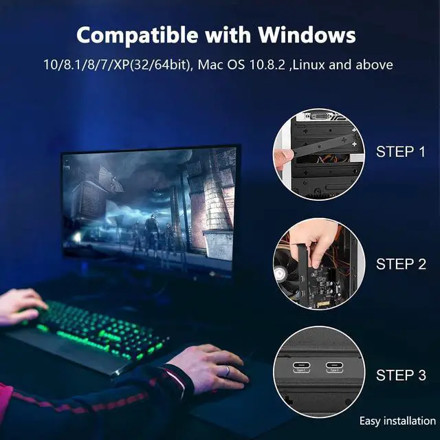 Alt view image 6 of 7 - 10Gbps PCIE USB C Card with Internal Type E to Type C and 19 Pin USB Header Expansion Card, PCI Express 3.0 x4 Front Panel Adapter for Desktop PC, Workstations, SSD Enclosures, File Backup