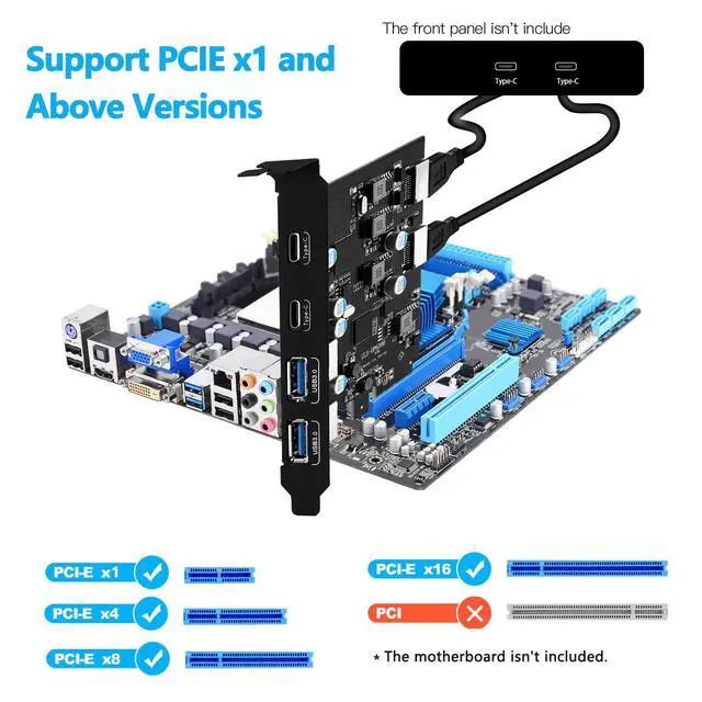 Alt view image 2 of 7 - 6 Ports USB PCIE Card (2X Type-E Adapter,2X USB 3.0-C, 2X USB A) PCI Express Cards PC Front Panel Header for Windows 7/8/10 Linux and MacPro 4.1/5.1