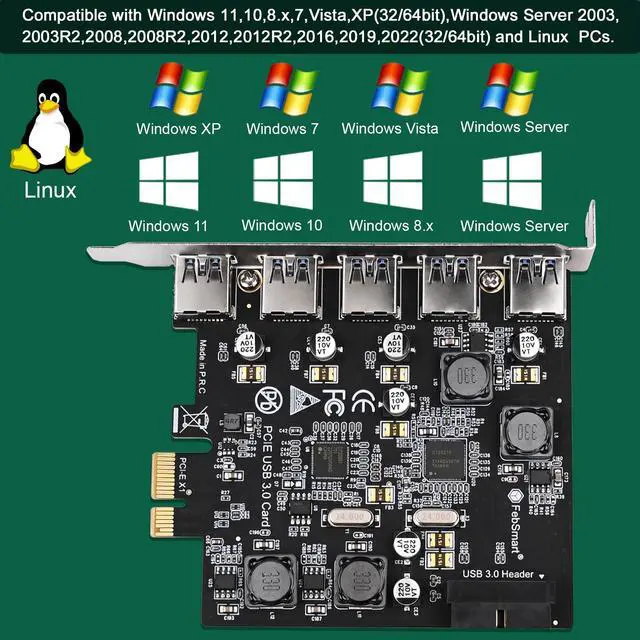 Alt view image 5 of 7 - 7-Ports Superspeed 5Gbps USB 3.0 PCIE Expansion Card, 5-Ports USB-A and an 19Pin USB 3.0 Header, Built in FebSmart Self-Powered Technology, No Need Additional Power Supply (FS-U7S-Pro)