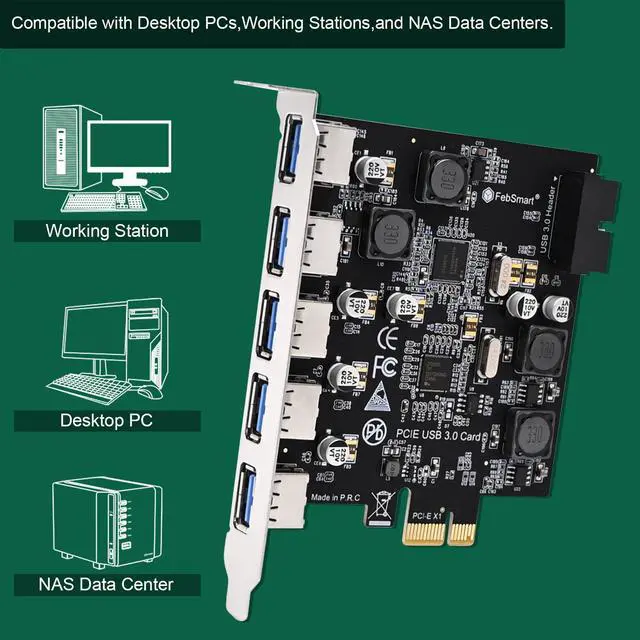 Alt view image 7 of 7 - 7-Ports Superspeed 5Gbps USB 3.0 PCIE Expansion Card, 5-Ports USB-A and an 19Pin USB 3.0 Header, Built in FebSmart Self-Powered Technology, No Need Additional Power Supply (FS-U7S-Pro)