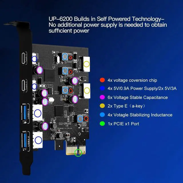 Alt view image 5 of 7 - 6 Ports USB PCIE Card (2X Type-E Adapter,2X USB 3.0-C, 2X USB A) PCI Express Cards PC Front Panel Header for Windows 7/8/10 Linux and MacPro 4.1/5.1