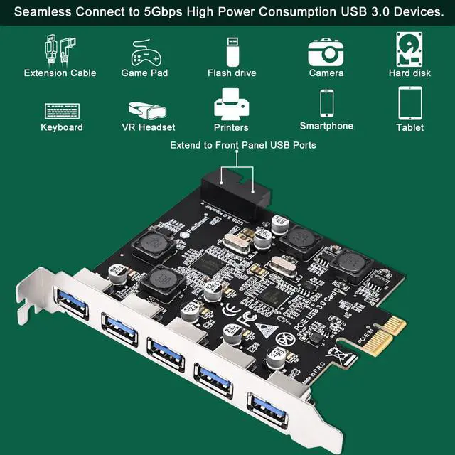 Alt view image 4 of 7 - 7-Ports Superspeed 5Gbps USB 3.0 PCIE Expansion Card, 5-Ports USB-A and an 19Pin USB 3.0 Header, Built in FebSmart Self-Powered Technology, No Need Additional Power Supply (FS-U7S-Pro)