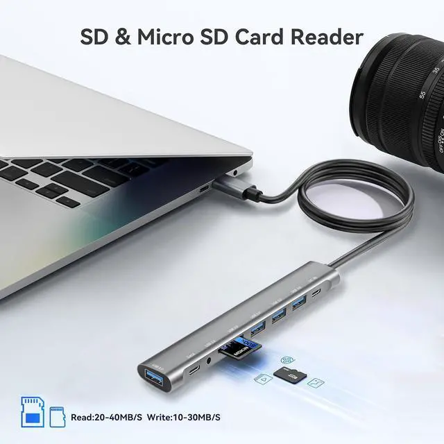 Alt view image 3 of 7 - USB Hub Long Cable, 9 Ports USB 3.0 Adapter with 4 USB 3.0 Data Ports,SD/TF Card Slot,3.5mm Jack,USB-C Data,USB Splitter with USB C 5V/3A Power Port, 47IN/120CM Main Cable for Laptop PC