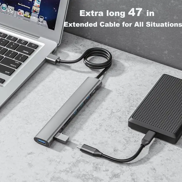 Alt view image 7 of 7 - USB Hub Long Cable, 9 Ports USB 3.0 Adapter with 4 USB 3.0 Data Ports,SD/TF Card Slot,3.5mm Jack,USB-C Data,USB Splitter with USB C 5V/3A Power Port, 47IN/120CM Main Cable for Laptop PC
