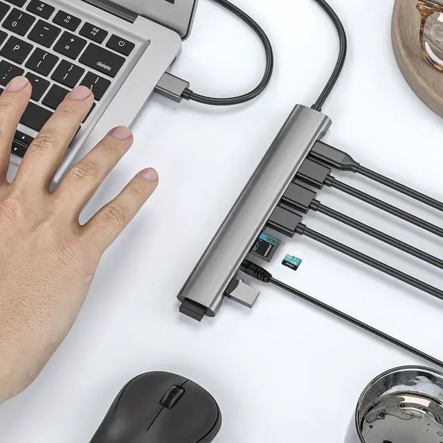 Alt view image 5 of 7 - USB Hub Long Cable, 9 Ports USB 3.0 Adapter with 4 USB 3.0 Data Ports,SD/TF Card Slot,3.5mm Jack,USB-C Data,USB Splitter with USB C 5V/3A Power Port, 47IN/120CM Main Cable for Laptop PC