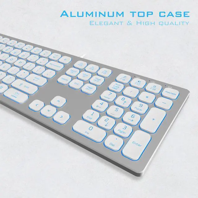 Alt view image 2 of 7 - Aluminum Quiet Wired Keyboard Backlit- Slim Chiclet Key Compatible with Apple iMac, MacBook, Mac and PC, USB Keyboard Numeric Keypad RGB Lighted Key - Silver White