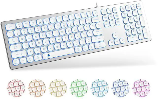Main image of Aluminum Quiet Wired Keyboard Backlit- Slim Chiclet Key Compatible with Apple iMac, MacBook, Mac and PC, USB Keyboard Numeric Keypad RGB Lighted Key - Silver White