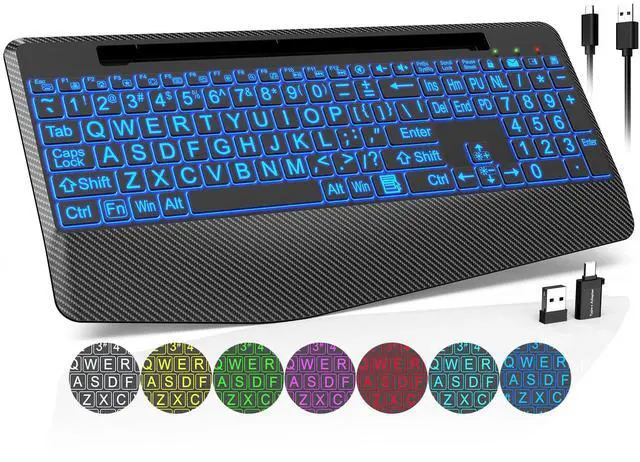 Main image of Wireless Keyboard with 7 Colored Backlits, Wrist Rest, Phone Holder, Rechargeable Ergonomic Computer Keyboard with Silent Keys, Full Size Lighted Keyboard for Windows, Mac, PC, Laptop (Large Print)