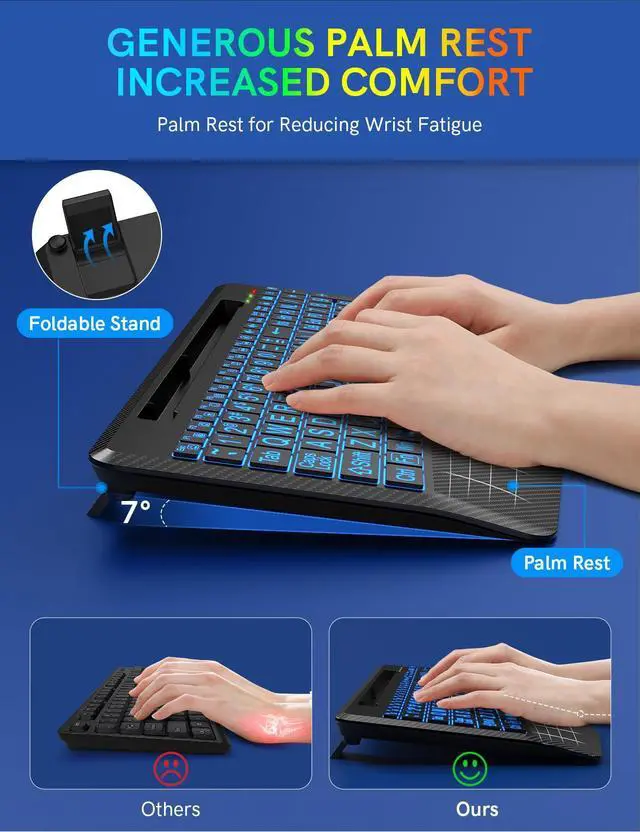 Alt view image 3 of 7 - Wireless Keyboard with 7 Colored Backlits, Wrist Rest, Phone Holder, Rechargeable Ergonomic Computer Keyboard with Silent Keys, Full Size Lighted Keyboard for Windows, Mac, PC, Laptop (Large Print)