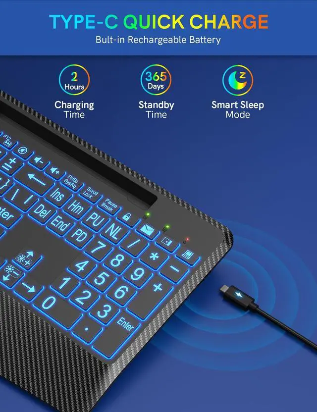 Alt view image 4 of 7 - Wireless Keyboard with 7 Colored Backlits, Wrist Rest, Phone Holder, Rechargeable Ergonomic Computer Keyboard with Silent Keys, Full Size Lighted Keyboard for Windows, Mac, PC, Laptop (Large Print)