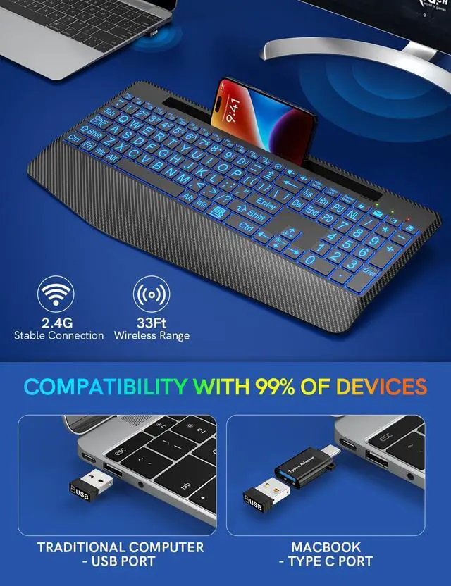 Alt view image 5 of 7 - Wireless Keyboard with 7 Colored Backlits, Wrist Rest, Phone Holder, Rechargeable Ergonomic Computer Keyboard with Silent Keys, Full Size Lighted Keyboard for Windows, Mac, PC, Laptop (Large Print)