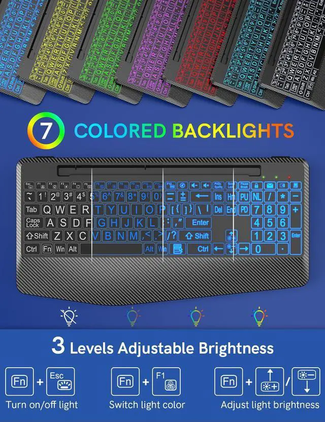 Alt view image 2 of 7 - Wireless Keyboard with 7 Colored Backlits, Wrist Rest, Phone Holder, Rechargeable Ergonomic Computer Keyboard with Silent Keys, Full Size Lighted Keyboard for Windows, Mac, PC, Laptop (Large Print)