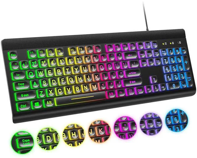 Main image of Large Print Backlit Keyboard, USB Wired Computer Keyboard, Full Size Keyboard with Rainbow Illuminated LED Compatible for Windows Desktop, Laptop, PC, Gaming, Black