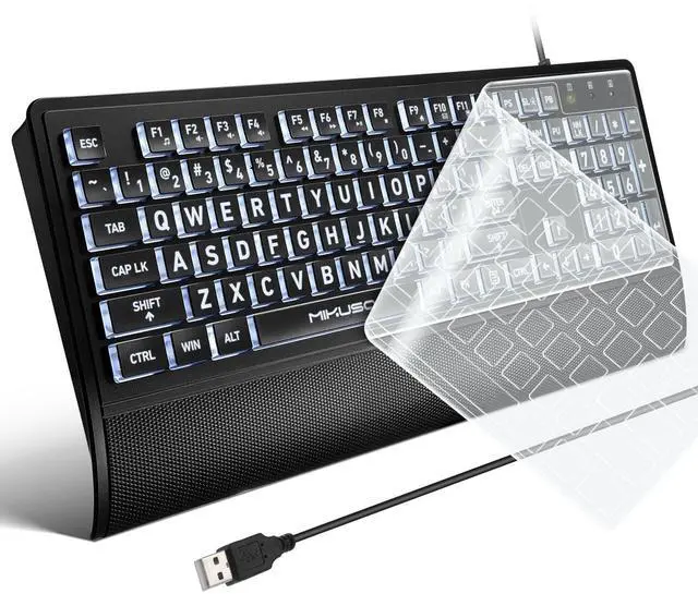 Main image of Large Print Backlit Keyboard for Seniors and Low Vision, High Contrast Oversized Letters Full Size USB Wired Computer Keyboard with Silicone Cover, Wrist Rest & White LED.No Glare (Black)