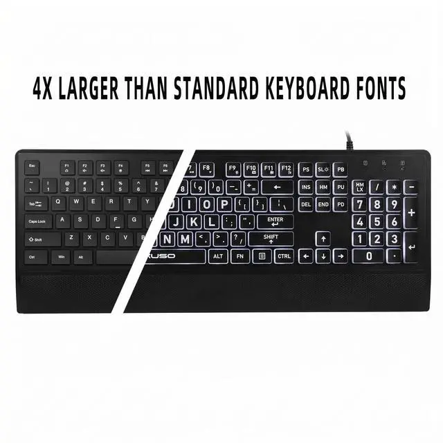 Alt view image 2 of 7 - Large Print Backlit Keyboard for Seniors and Low Vision, High Contrast Oversized Letters Full Size USB Wired Computer Keyboard with Silicone Cover, Wrist Rest & White LED.No Glare (Black)