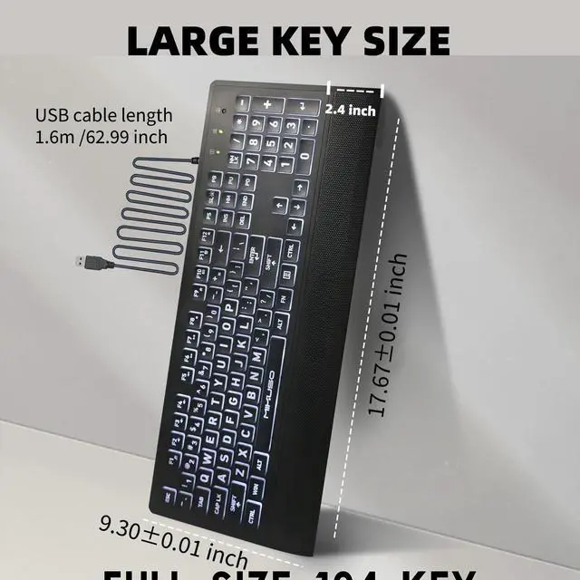 Alt view image 7 of 7 - Large Print Backlit Keyboard for Seniors and Low Vision, High Contrast Oversized Letters Full Size USB Wired Computer Keyboard with Silicone Cover, Wrist Rest & White LED.No Glare (Black)