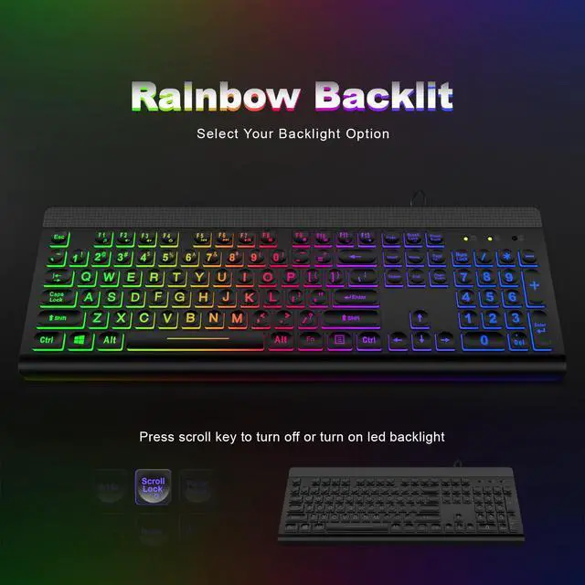 Alt view image 5 of 7 - Large Print Backlit Keyboard, USB Wired Computer Keyboard, Full Size Keyboard with Rainbow Illuminated LED Compatible for Windows Desktop, Laptop, PC, Gaming, Black