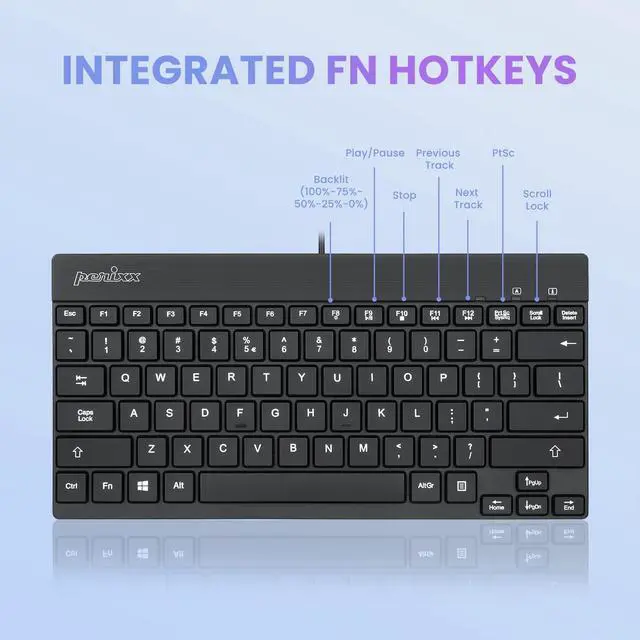 Alt view image 4 of 7 - PERIBOARD-326 Wired Mini Backlit USB Keyboard with Low Profile Keys, US English Layout (11607)