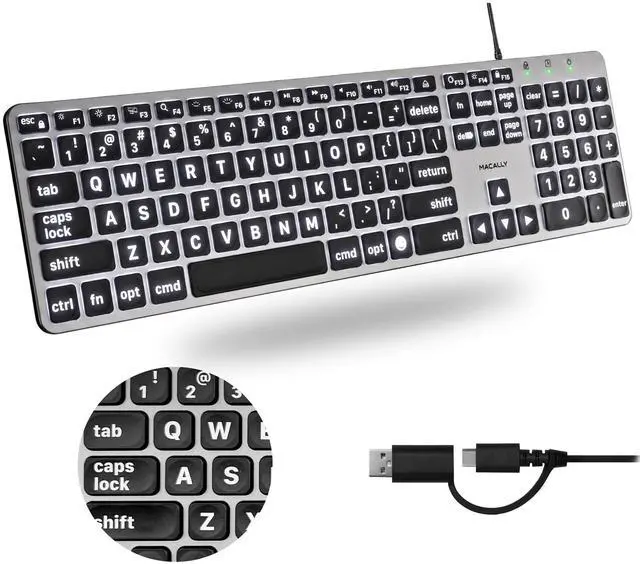 Main image of Wired Keyboard for Mac (USB C + A) - Large Print and Backlit for Apple - 107 Key Full Size Large Letters USB C Keyboard for MacBook Pro/Air, Mac mini, iMac